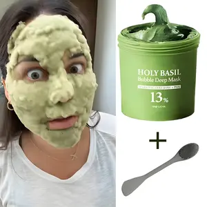 Holy Basil Bubble Deep Mask – Holy Basil & Carbonated Water for Cleansing Pores & Blackheads, Suitable for All Skin Types, Vegan Clay-to-Bubble Wash-Off Mask (90g / 3.17 oz) korean face pcalm pack Green Cooling Cleansing Mud Mask