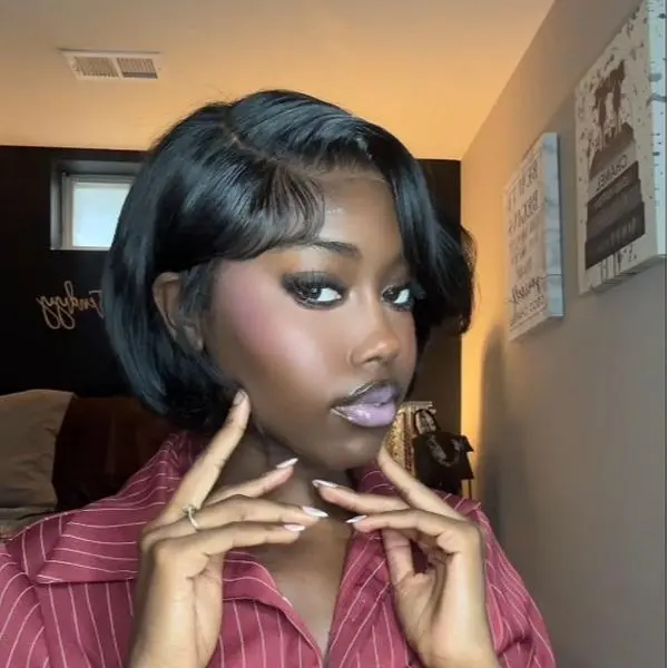 SPOU 100% Human Hair Glueless French Bob Wig for Female, 8 inch 7x6 Lace Front, Straight Wear and Go, Side Part, Natural Hairline, 250°F-350°F Heat Resistant Chic Fashion Wig