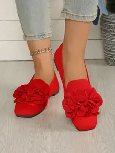 Women's Fashion New Square Toe Slip-On Flat Shoes, Dual Flower Decoration, All-Season Comfortable Single Shoe for Ladies