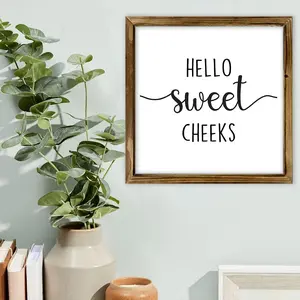 Hello Sweet Cheeks Pattern Wooden Framed Sign, Farmhouse Style Letter Pattern Wall Art, Wall Decor for Home, Kitchen, Bathroom, Living Room, Vintage Decor, Rustic Farmhouse Design