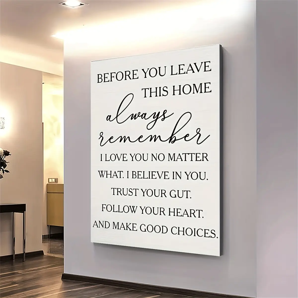 1pc Artistic Motivational Quote Canvas Wall Print - Black & Gray Home Decor, "Before You Leave This Home" Message, Ready-to-Hang 2D Flat Decor for Bedroom, Living Room