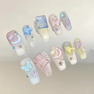Press on Nails for Women Coffin Almond Creative Design Hand Drawn False Nails Acrylic Nail Kits