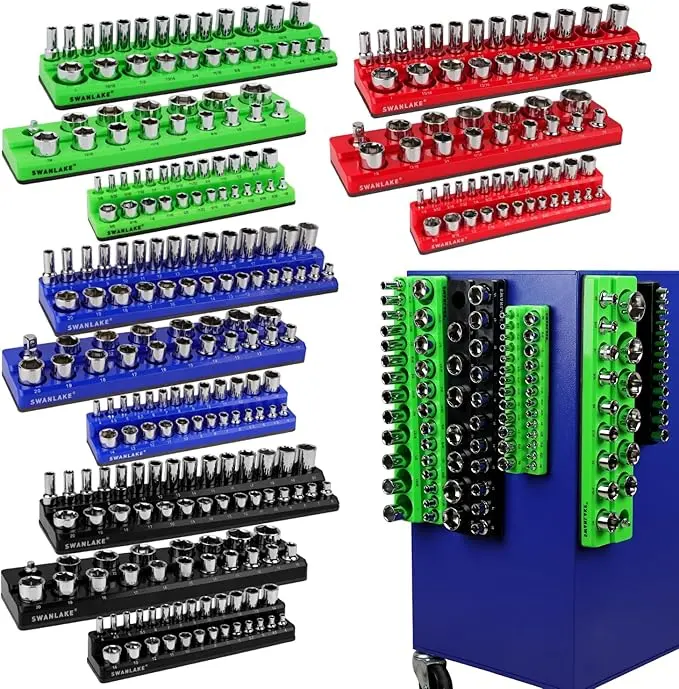Magnetic Socket Organizer Set, 6 Pieces Various specifications, 1/2-inch, 3/8-inch, 1/4-inch Drive, Holds 143 SAE&Metric Sockets, Red & Blue, Professional Quality Tools Organizer Hardware Heavy Duty #TikTokShopBlackFriday