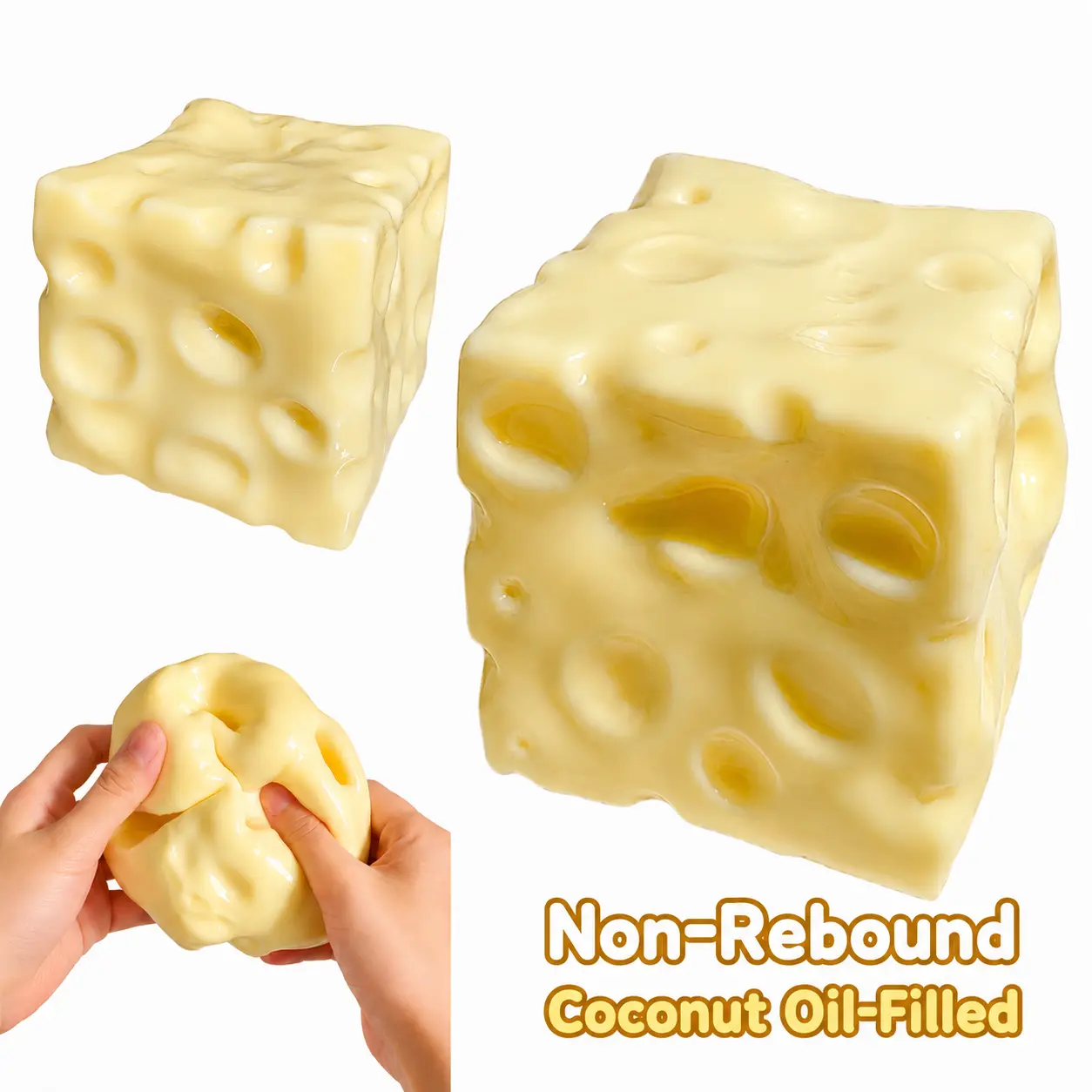 Cheese Shaped Squishy Cube Toy, Coconut Oil-Filled Moldable Non-Rebound Stress Relief Fidget Block, Soft TPR Squeezing Toy for Sensory Play, Party Birthday Favors, Stress Relief Fidgets
