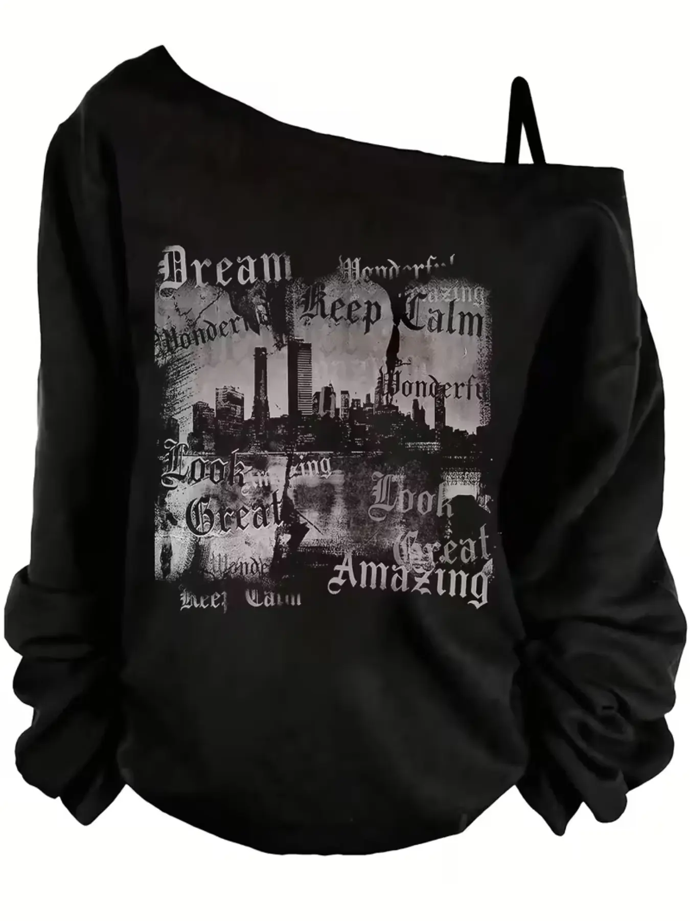 Gothic City Geometric Print Aesthetic Asymmetrical Shoulder Sweatshirt, Adjustable Thin Straps, Women's Top, Loose Fit, Long Sleeve, All Seasons