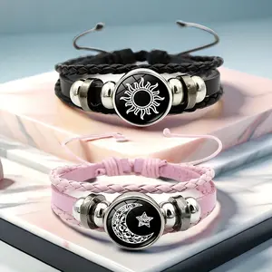 Vintage Style Luminous Sun and Moon Couple Leather Wristbands, Multilayer Beaded Weave with Artificial Crystal Charm, Unisex Punk PU Leather Friendship Wrist Ornaments, Gift for Students and Friends