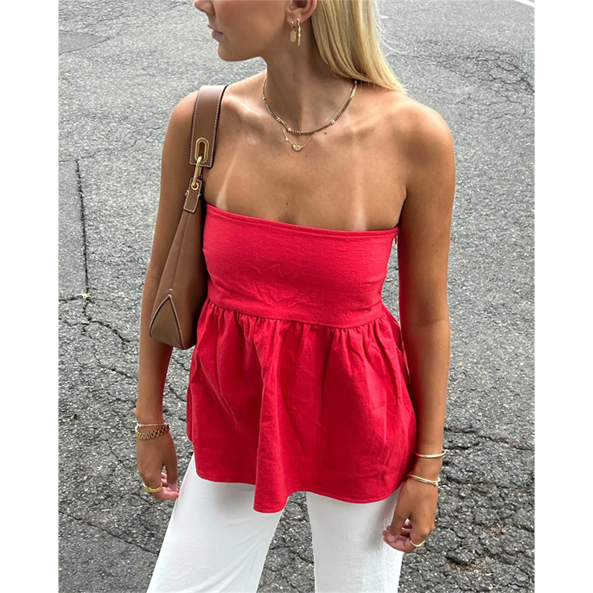 Women's Modern Strapless Peplum Top Bandeau Tube Top Cute Summer Sleeveless Smocked Backless Ruffle Hem Cami Tops Y2k Going out, effortless layering, chic everyday, refined casual