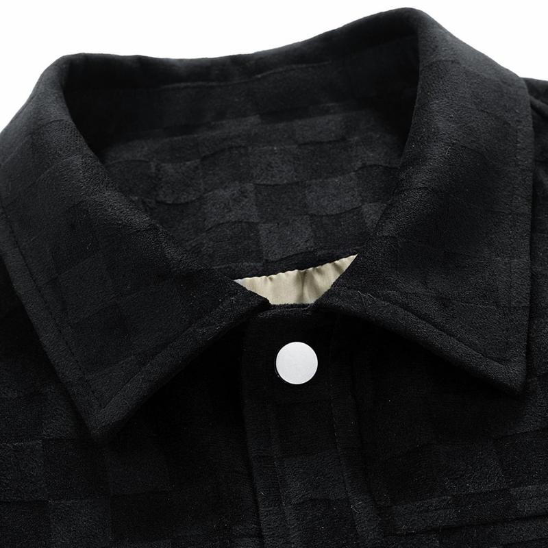 Men's Black Patterned Suede Fleece Jacket with Chest Flap Pockets & Button Closures for Autumn Wear - Stylish & Practical Tops - Aesthetics - Fashion