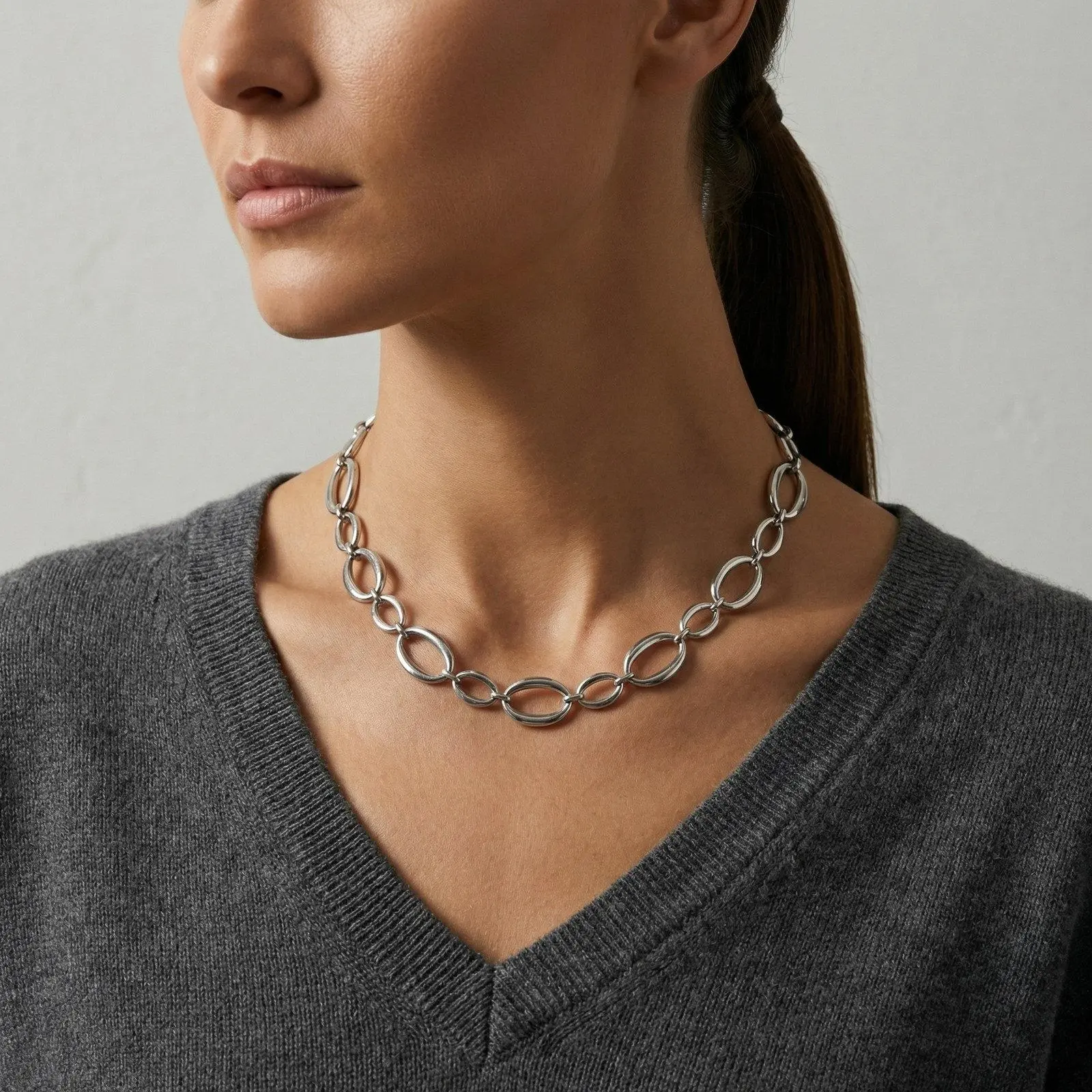 Vnox Minimalist Geometric Handmade Chain Necklace, Silver Color Stainless Steel Big Oval Chain Necklace Punk Hiphop Jewelry
