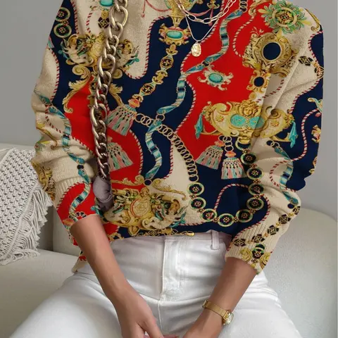 Women's Elegant Baroque Print Stand Collar Fitted Sweater, Fall Winter Casual Long Sleeve Knitting Cozy Knitwear, Comfortable Warm Top for Daily Wear Fashion Mock Neck Womenswear