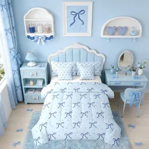 Blue Bow Comforter Set with Sheets Coquette Bows Bedding Set,7 Pcs Trendy Cute Ribbon Bowknot Bed in A Bag for Teen Girls Kids Women Bedroom Girly Preppy Princess Bed Sets