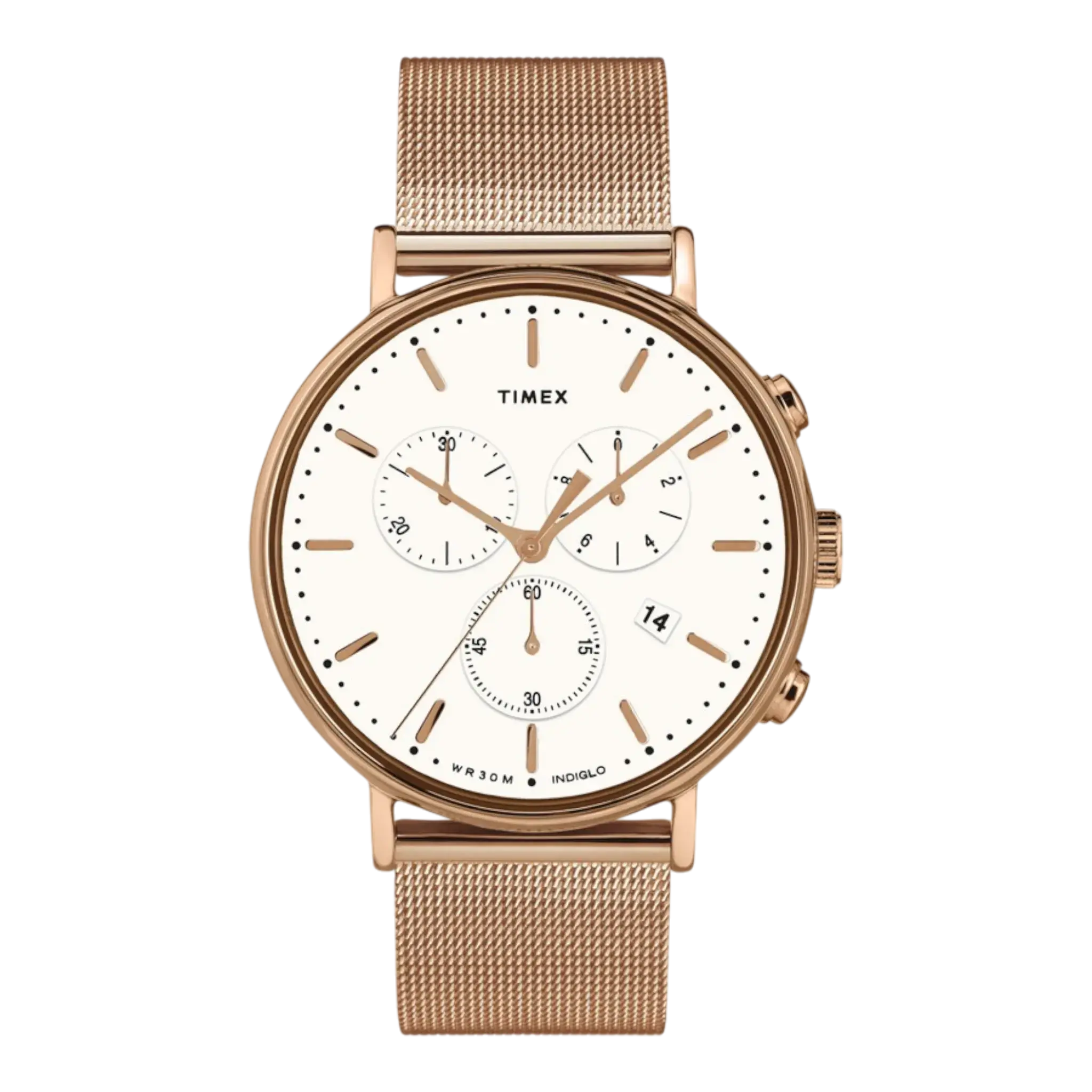 Timex Fairfield Chronograph Watch in Rose Gold Tone/White | 41mm Mesh Band