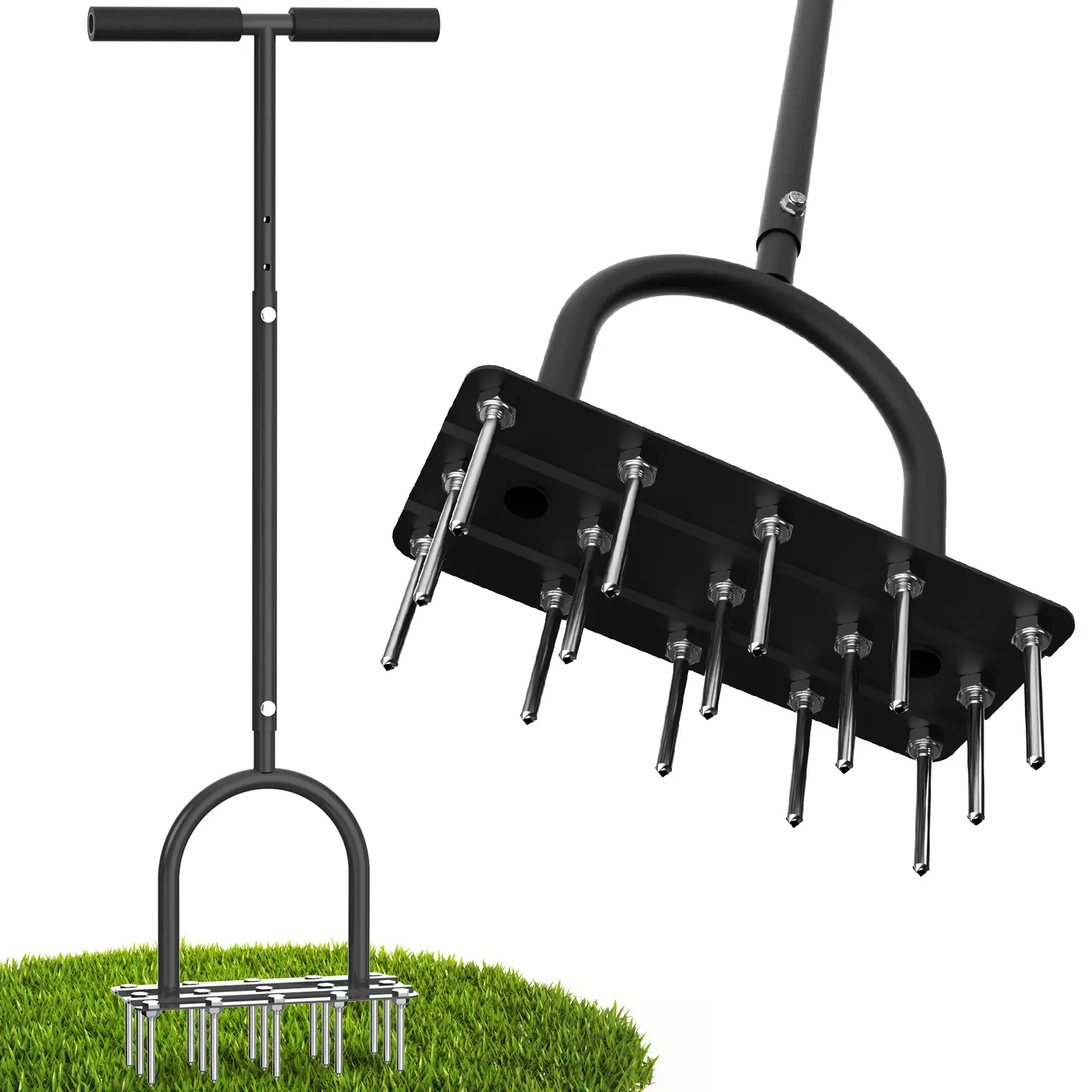 Manual Lawn Aerator Tool with 15 Iron Spikes Adjustable Handle for Lawn Care and Garden