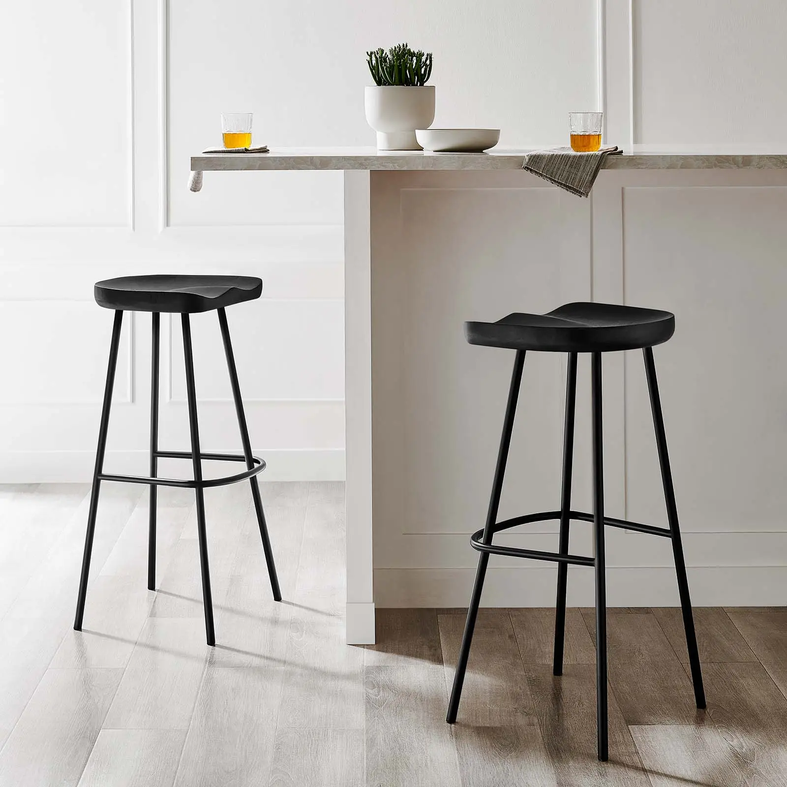 Modway Concord Contemporary Ergonomic Backless Wooden Bar Stools - Set of 2, Black, Ideal for Kitchen Indoor Furniture
