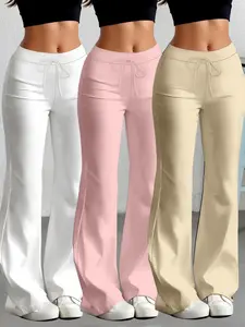 Women's Casual Flare Pants Set, Adjustable Drawstring Waist Design, Milk Silk Yoga Pants, All-Season Fitted Long Pants, 3 Pcs