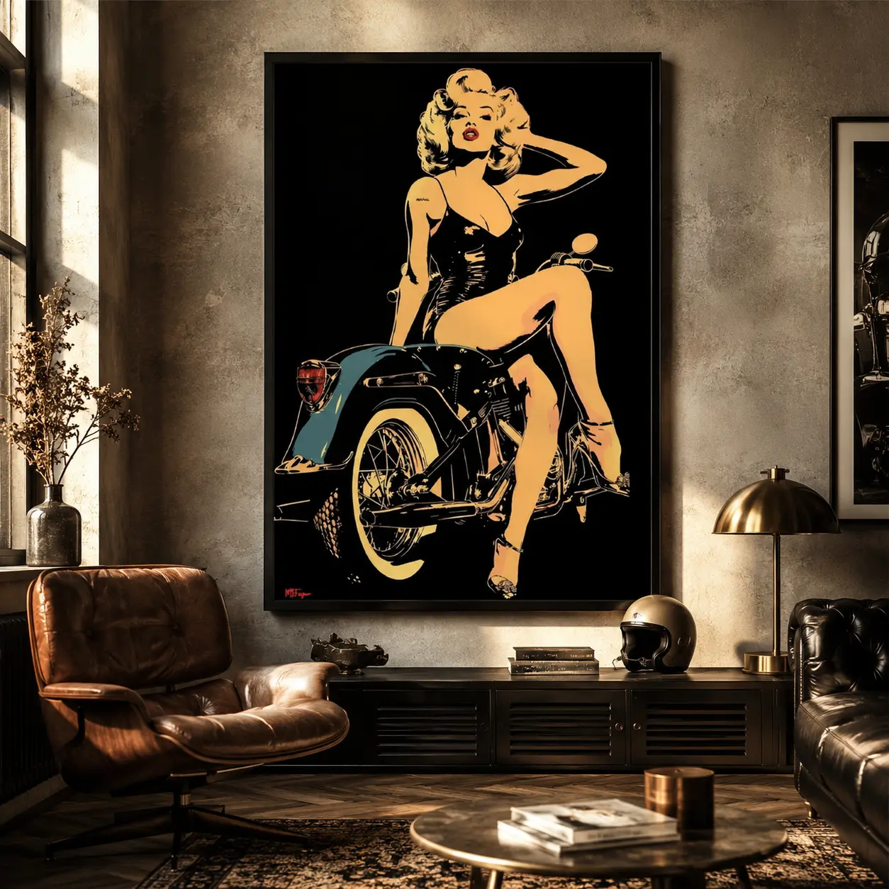 Vintage Pin-Up Biker Girl Framed Wood/Alum. Canvas Print - Retro Pop Art Blonde Motorcycle Woman Wall Art, Black Gold Old School Home Decor for Man Cave, Wardrobe, Classroom, Bedroom Decor Gift for Motorcycle Lovers