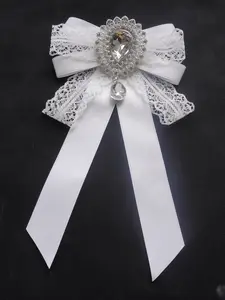 Vintage Court Style Lace Bow Tie, Luxurious Water Drop Gem Draped Necklace, Bride Dress Shirt Accessory, Solid Pattern