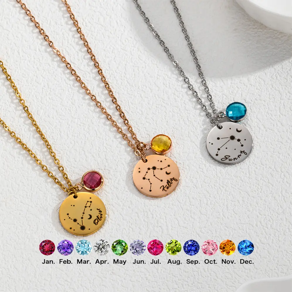 N1630 Personalized Custom Engraving Name Constellation Pattern Pendant Stainless Steel Disc Birthstone Lettering Necklace Birthday Gift Men and Women