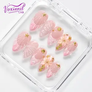 Voxinail Lab | Pearl Blossom Bay Mini | Handmade Almond Press-On Nails | Acrylic, Reusable, Long-Lasting