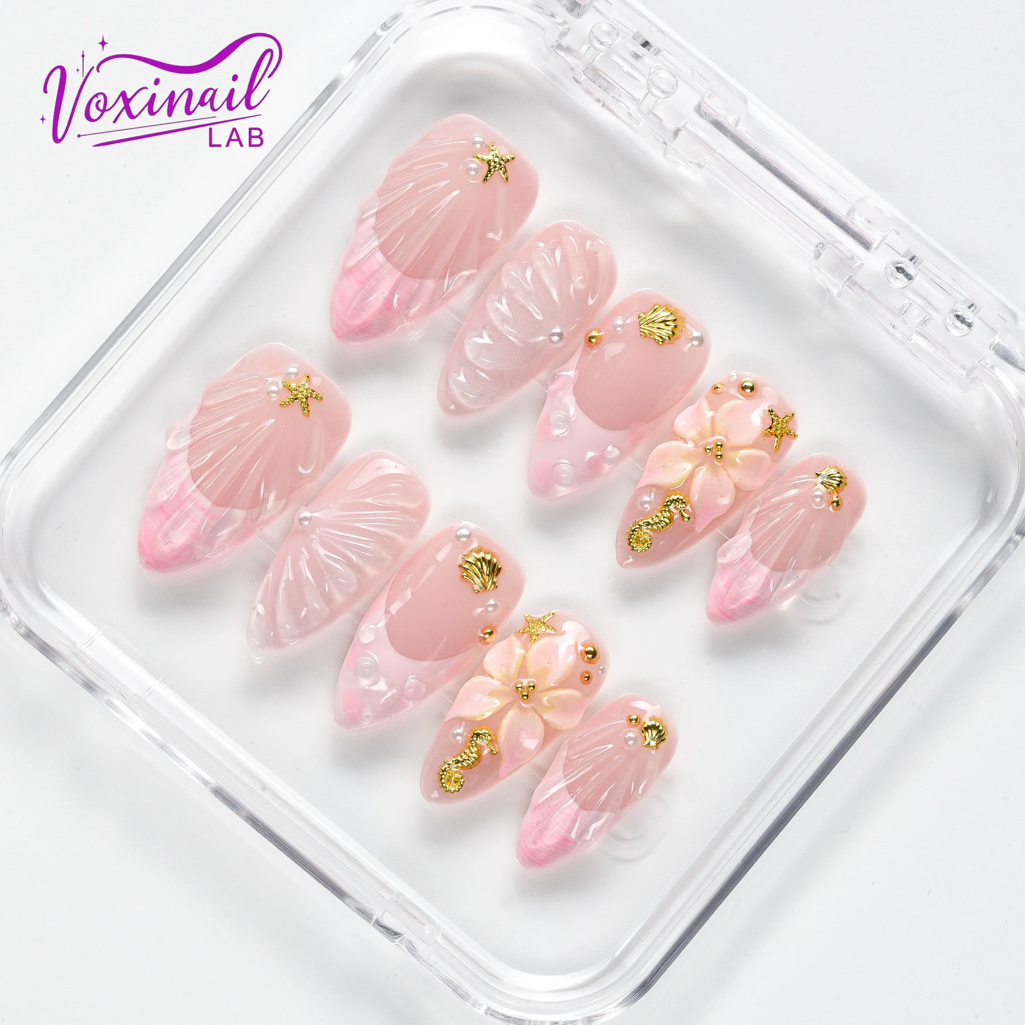 Voxinail Lab | Pearl Blossom Bay Mini | Handmade Almond Press-On Nails | Acrylic, Reusable, Long-Lasting