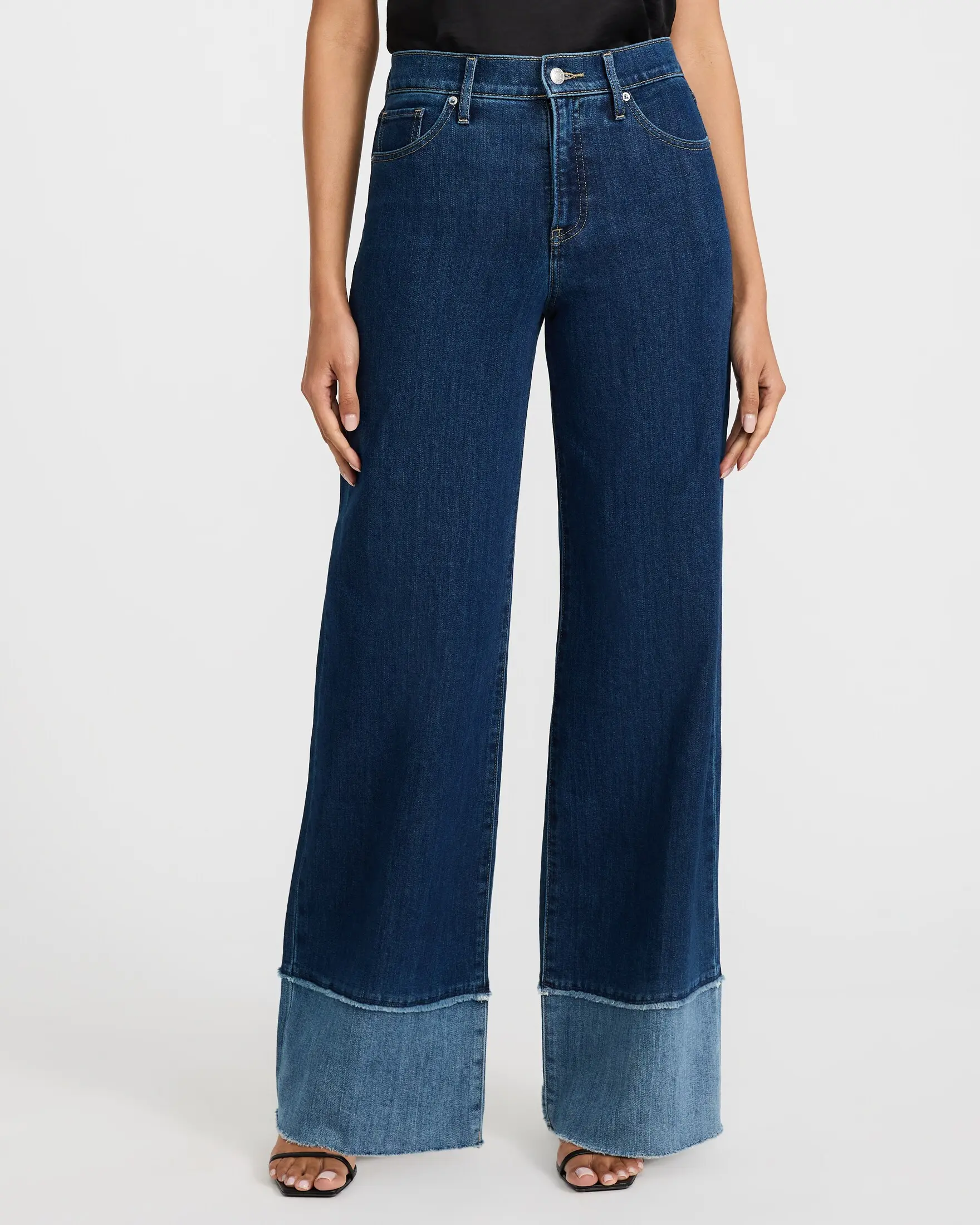 Express High Waisted Wide Leg Contrast Hem Dark Wash Jeans, Spandex, Bottoms, Pocket