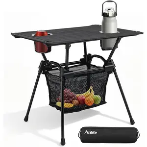 Anbte Ultralight Portable Camping Table, 3.2lb Folding Camping Table with Cup Holders & Storage Net, 20in Height for Camping Hiking Tailgating Beach Picnic Travel Patio, 23" x 16", Black