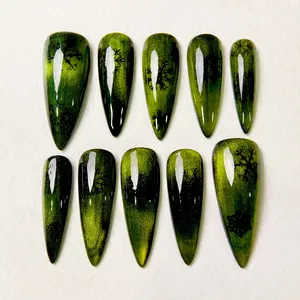 Dark Forest Press-On Nails – Green Cat Eye Gothic Fake Nails with Snowflakes - DarkNailz
