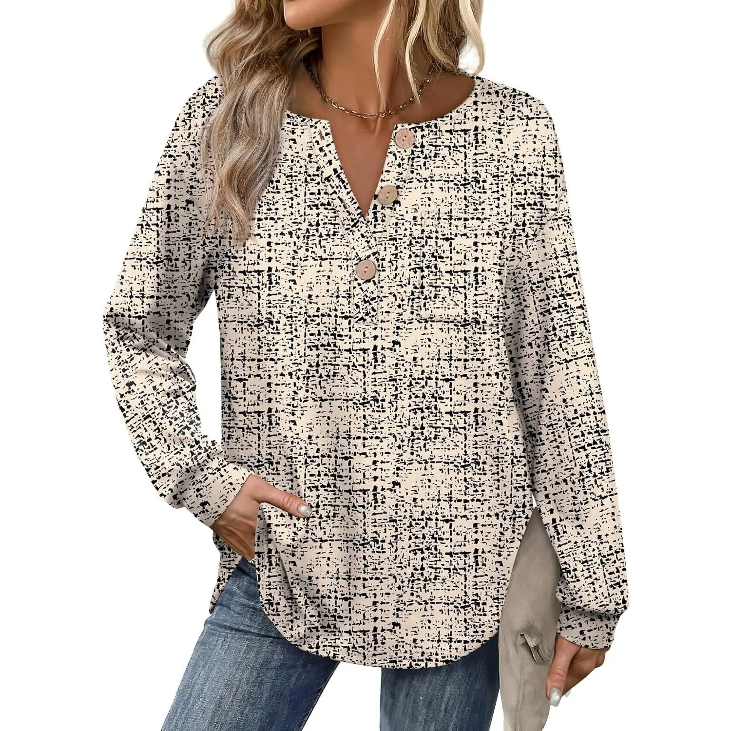 Womens Tops Long Sleeve Curved Hem Tunic Tops V Neck Henley Shirts for Women Dressy Casual with Pocket