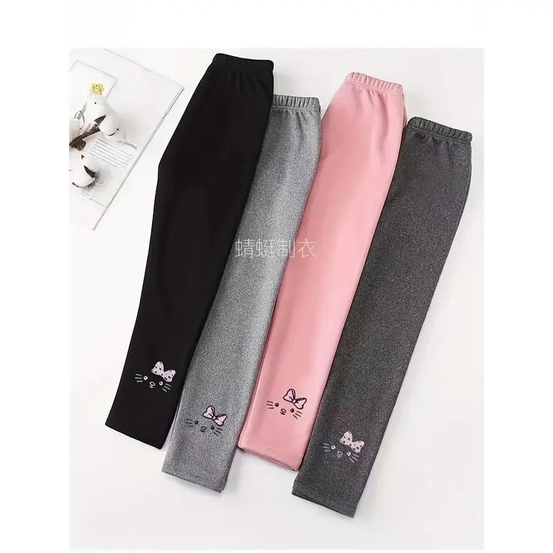 Girls' 4-Piece Fleece-Lined Thick Basic Base Layer Bottom Pants Set - Polyester-Elastane, Graphic Print, Embroidery, Knit Fabric, Medium Stretch, Kid Size 4-5y, Regular Fit, Hand Wash Only, Do Not Dry Clean