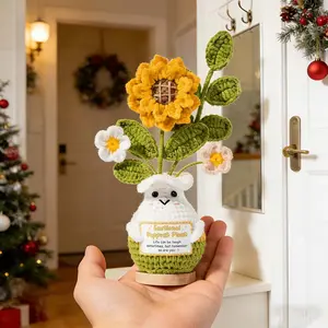 Handmade Positive Sunflower Crochet Stuffed Toy - Premium Knitted Emotional Support Gift with Base, Self-Standing Desk Decor Accessory, Room Decor with Encouragement Card, Stress Relief Office Item