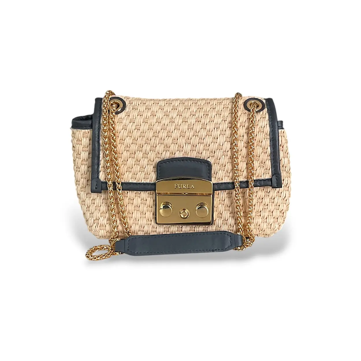 Pre-owned Furla Metropolis Nuvola Rattan & Leather Mini Mini Crossbody Bag