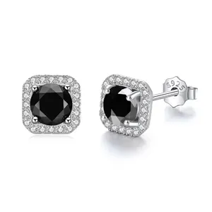 Black Stud Earrings for Men and Women,14k White Gold Plated Sterling Silver Diamond Earring,Square Round Zirconia Jewelry Gift for Him/Her