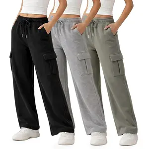3 Pack Wide Leg Cargo Fleece Sweatpants for Women - 4 Pockets, Relaxed Fit, Elastic Drawstring Waist