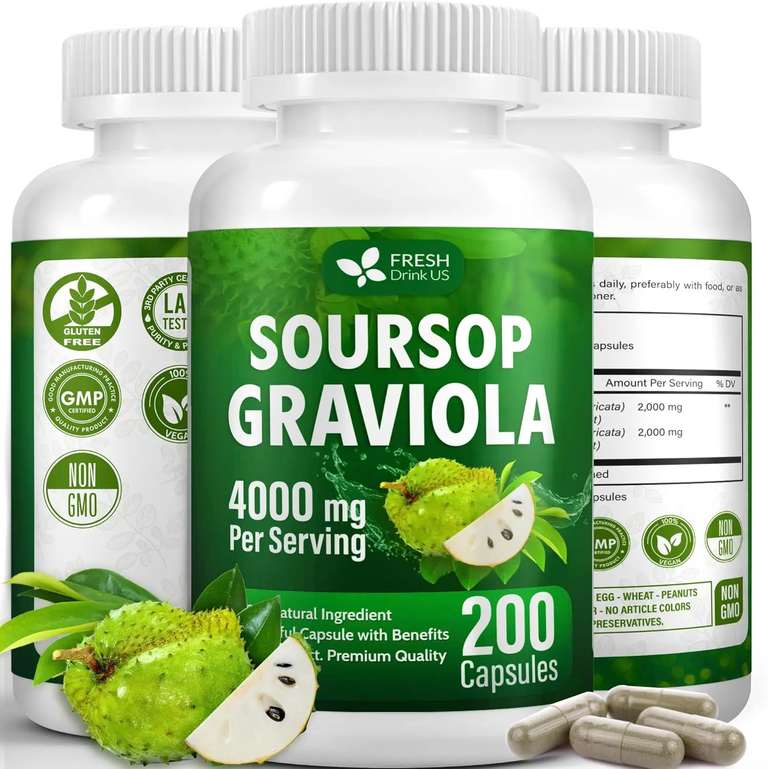 Premium 200 Soursop Capsules, 4000mg per Serving, 100 Days Supply – 100% from Natural Soursop Graviola Fruits and Leaves Extract, Vegan Capsules, Non-GMO, Gluten-Free.