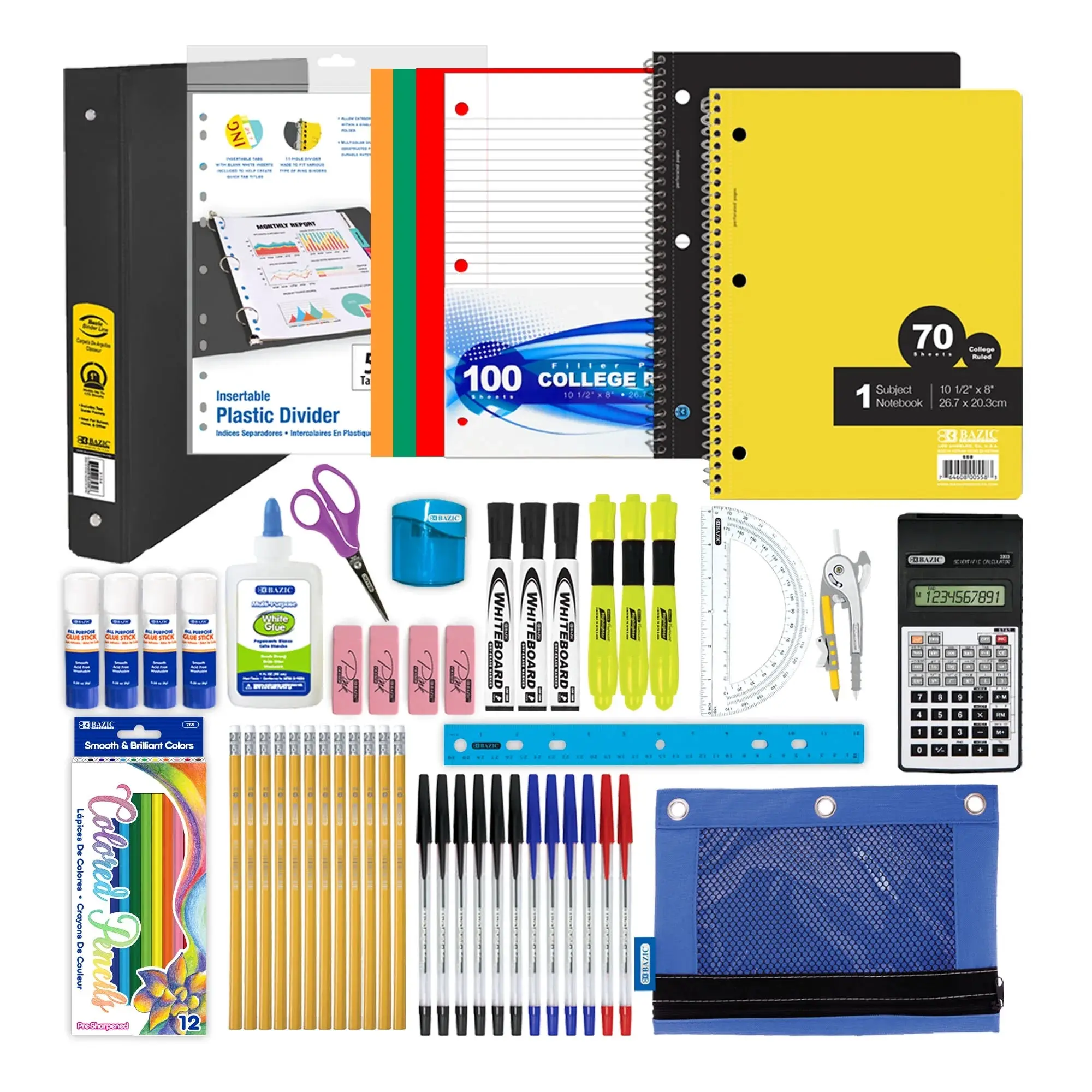 BAZIC 65-Piece Middle & High School Supply Kit – Grades 7-12 Bundle with Binder, Calculator & More