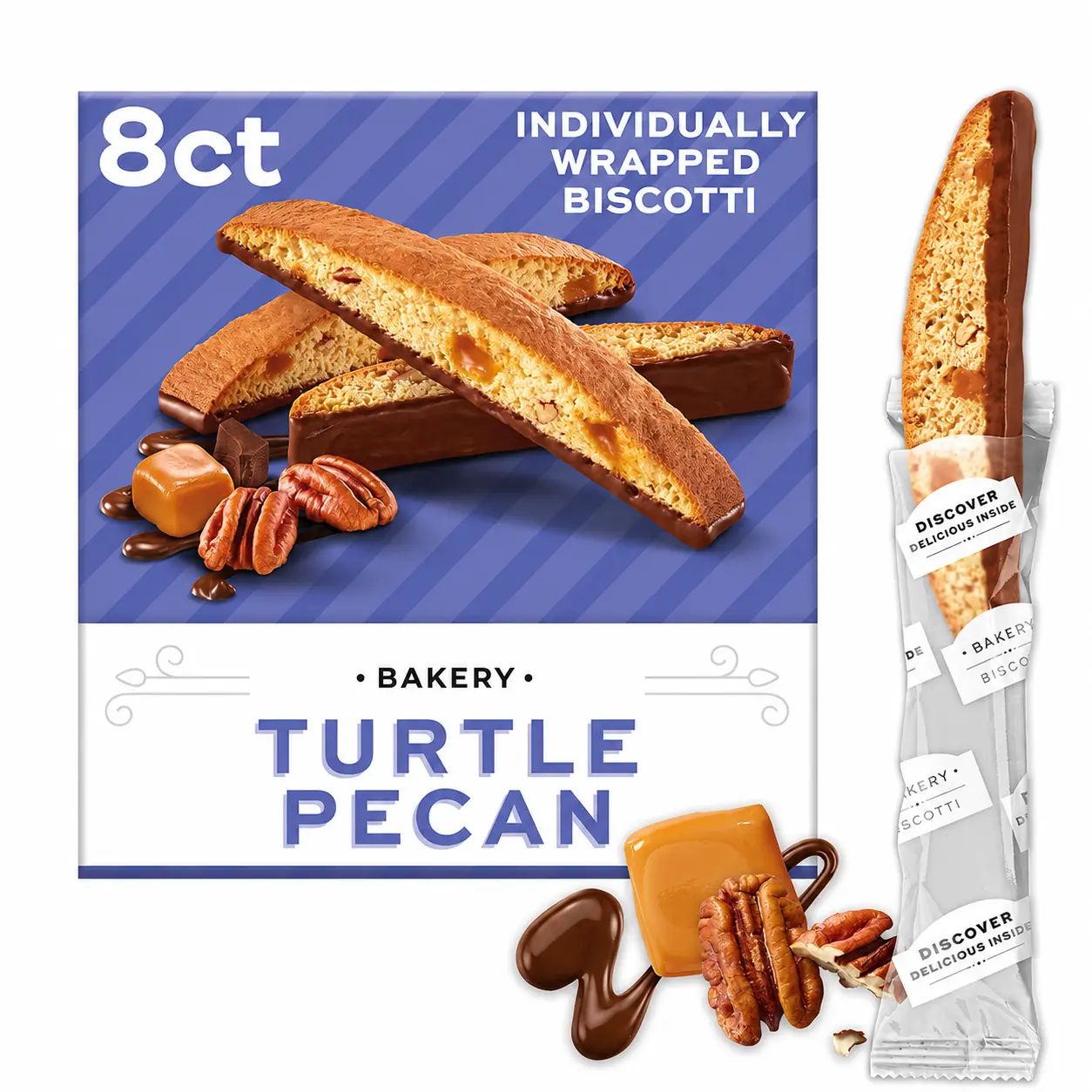 Turtle Pecan Biscotti Cookies, Chocolate Dipped with Caramel & Pecans, Individually Wrapped Gourmet Crunchy Cookies, 8 Count