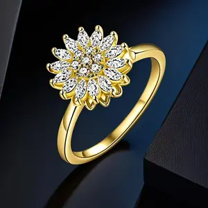 8K Real Gold Inlaid Diamond Sunflower Rotating Fashion Open Adjustable Stress Relief Ring Jewelry Ring Statement Ring