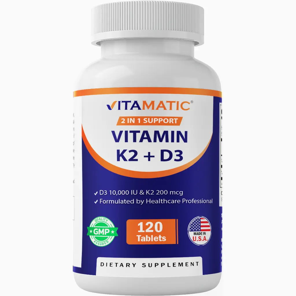 Vitamatic Vitamin D3 K2 Supplements with 10,000 IU Vitamin D + 200mcg Vitamin K MK-7, 120 Tablets Bone, Heart, Immune, & Calcium Support Vitamatic Vitamin D3 K2 Supplements with 10,000 IU Vitamin D + 200mcg Vitamin K MK-7, 120 Tablets Bone, Heart, Immune, & Calcium Support