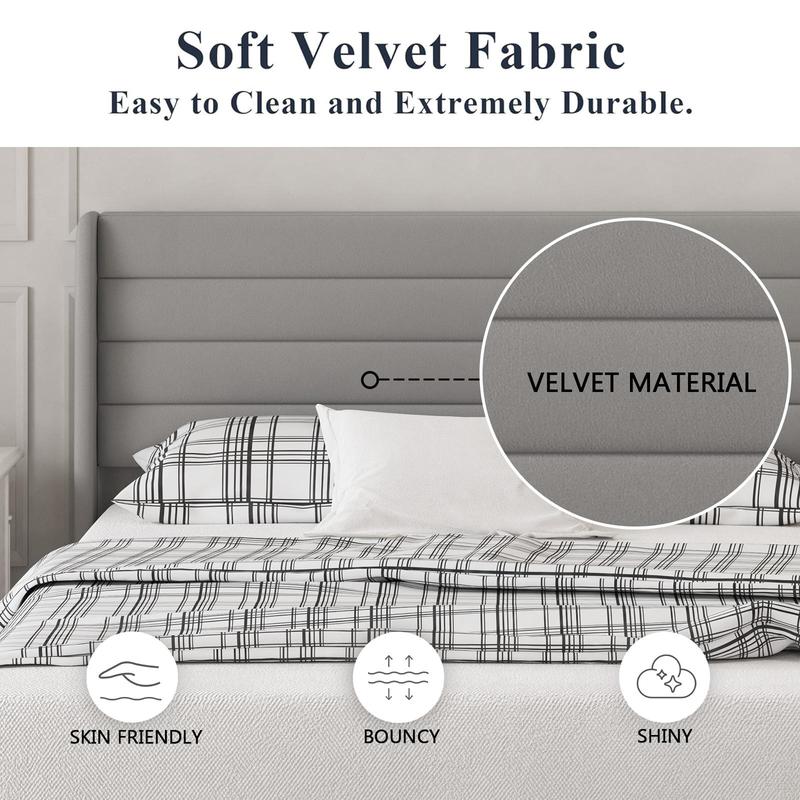 Queen Bed Frame with Modern Wingback Headboard Velvet Platform Solid Wood Slats No Box Spring Required Easy Assembly Light Beige