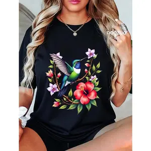 100% Cotton Unisex Love Hummingbirds With Flowers Hummingbird Lovers Colorful Floral Hummingbird T-Shirt