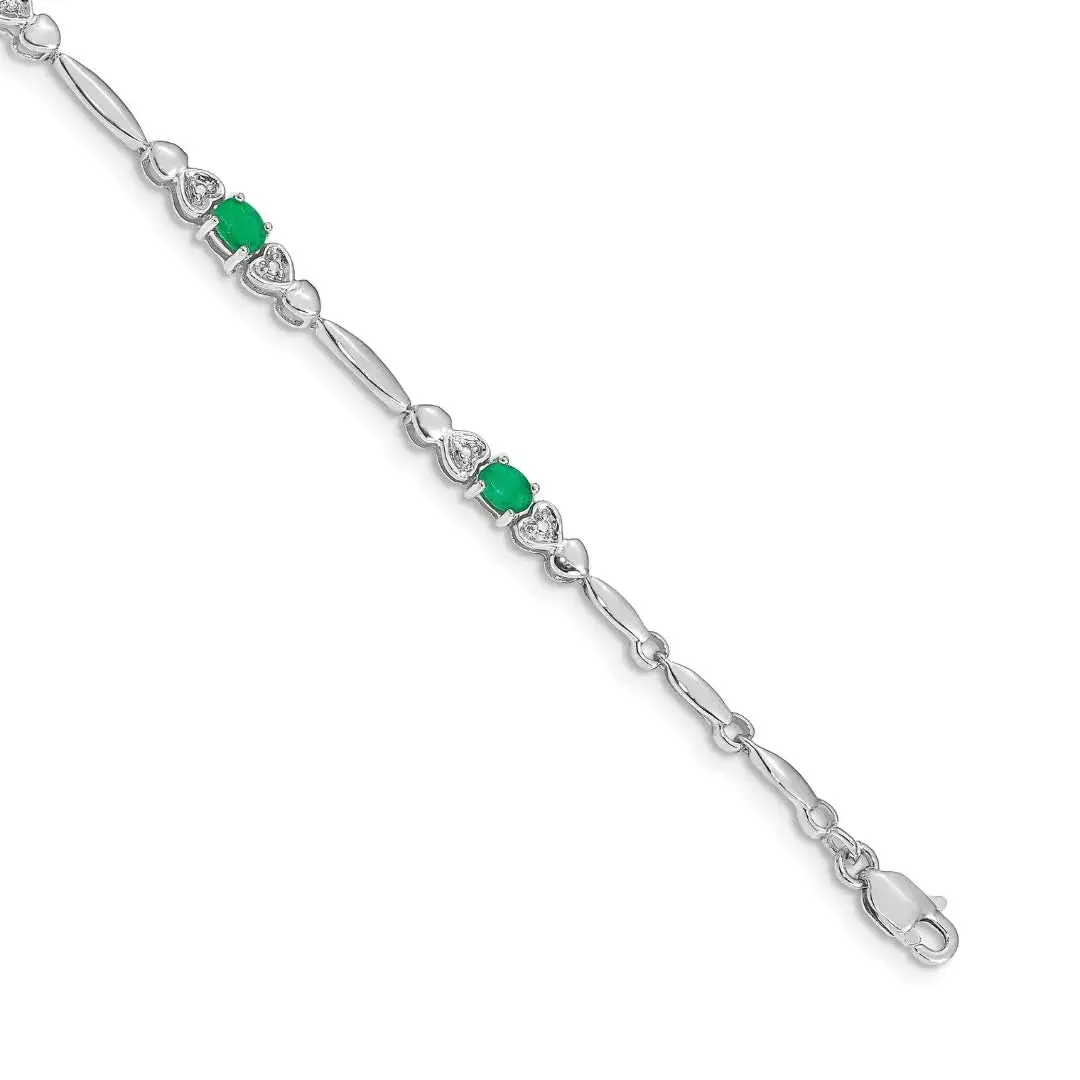 14k White Gold Oval Green Emerald Heart 7 inch Bracelet