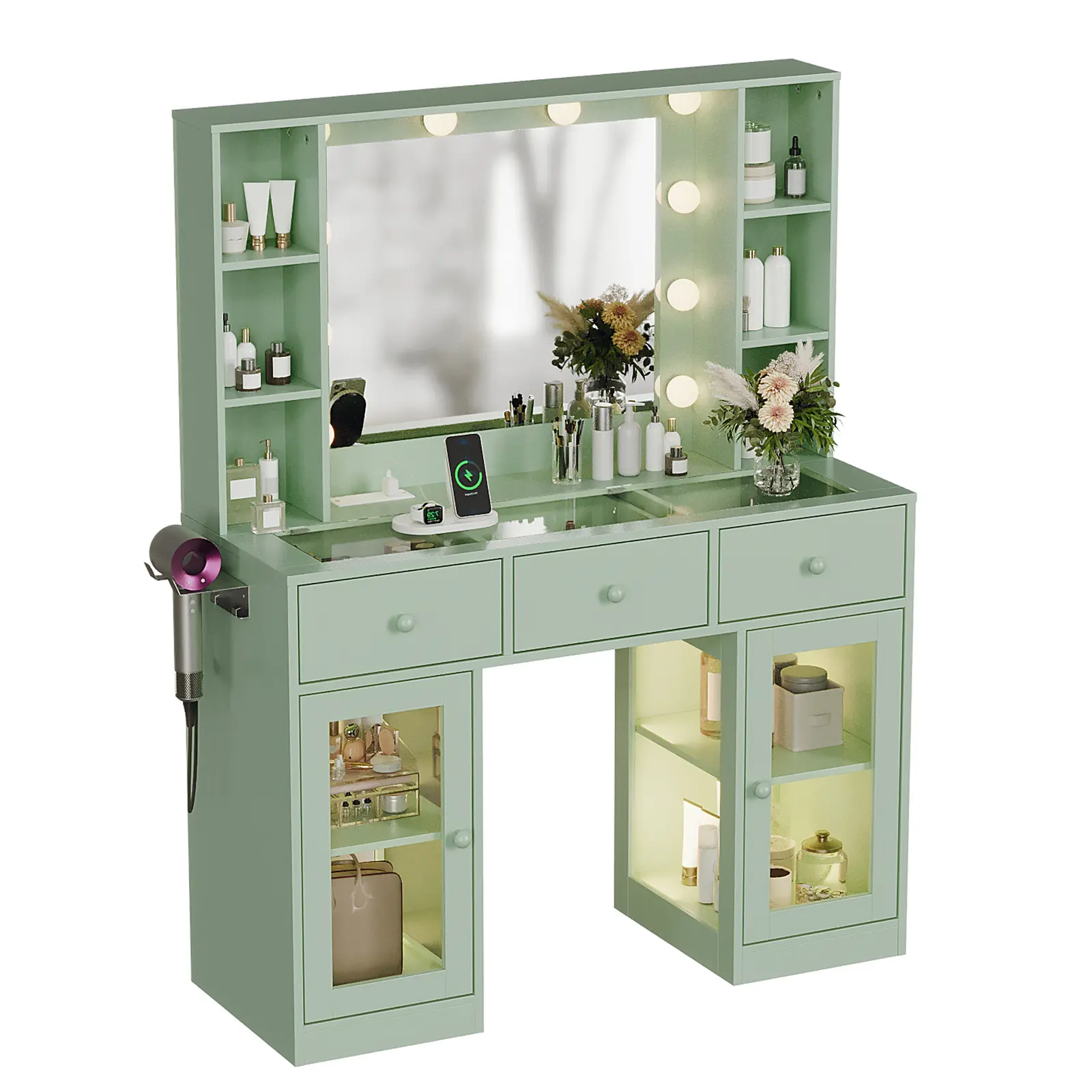 Karlhome Pink/Green Makeup Vanity with LED Lights and Storage Drawers for Girls and Teens tiktokshopbacktoschool