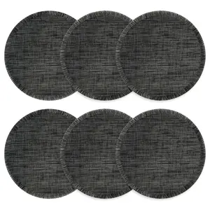 Homewear Cedar Fringe Round Placemats Set of 6 | 15" Woven Textaline Table Mats | Durable, Washable, Indoor Outdoor Use Charcoal, Oversized for Dining Table, Kitchen, Everyday, Holiday & Party Décor
