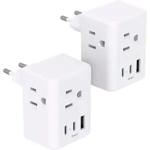 2 Pack European Travel Plug Adapter,  International Power Plug Adapter with 3 Outlets 3 USB  Ports(2 USB C), Type C Plug Adapter  Travel Essentials to Spain  France