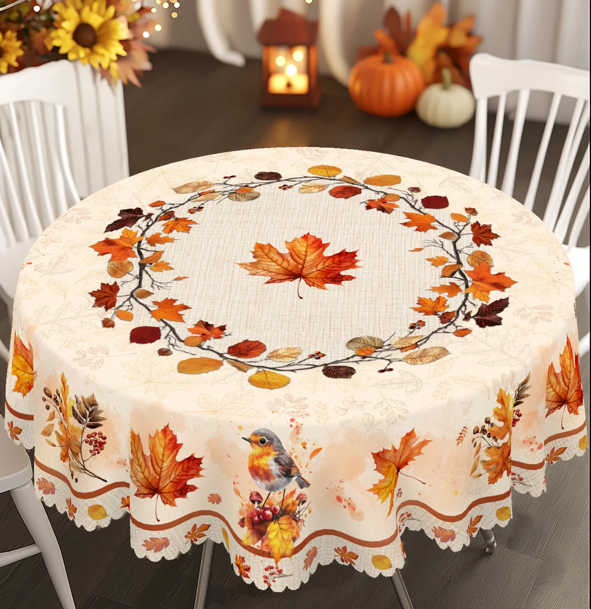 PLUMLIK Vintage Embossed European Polyester Fall Tablecloth - Rectangular/Round, Floral Maple Leaf Pattern, Tabletop Festival Decor for Thanksgiving, Home Kitchen Outdoors Party Accessory