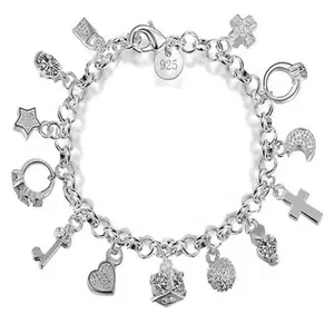 Silver Plated Star Key Heart Cross Moon Cubic Zircon Lock Pendant Bracelet for Women Adjustable Elegant Jewelry Gift