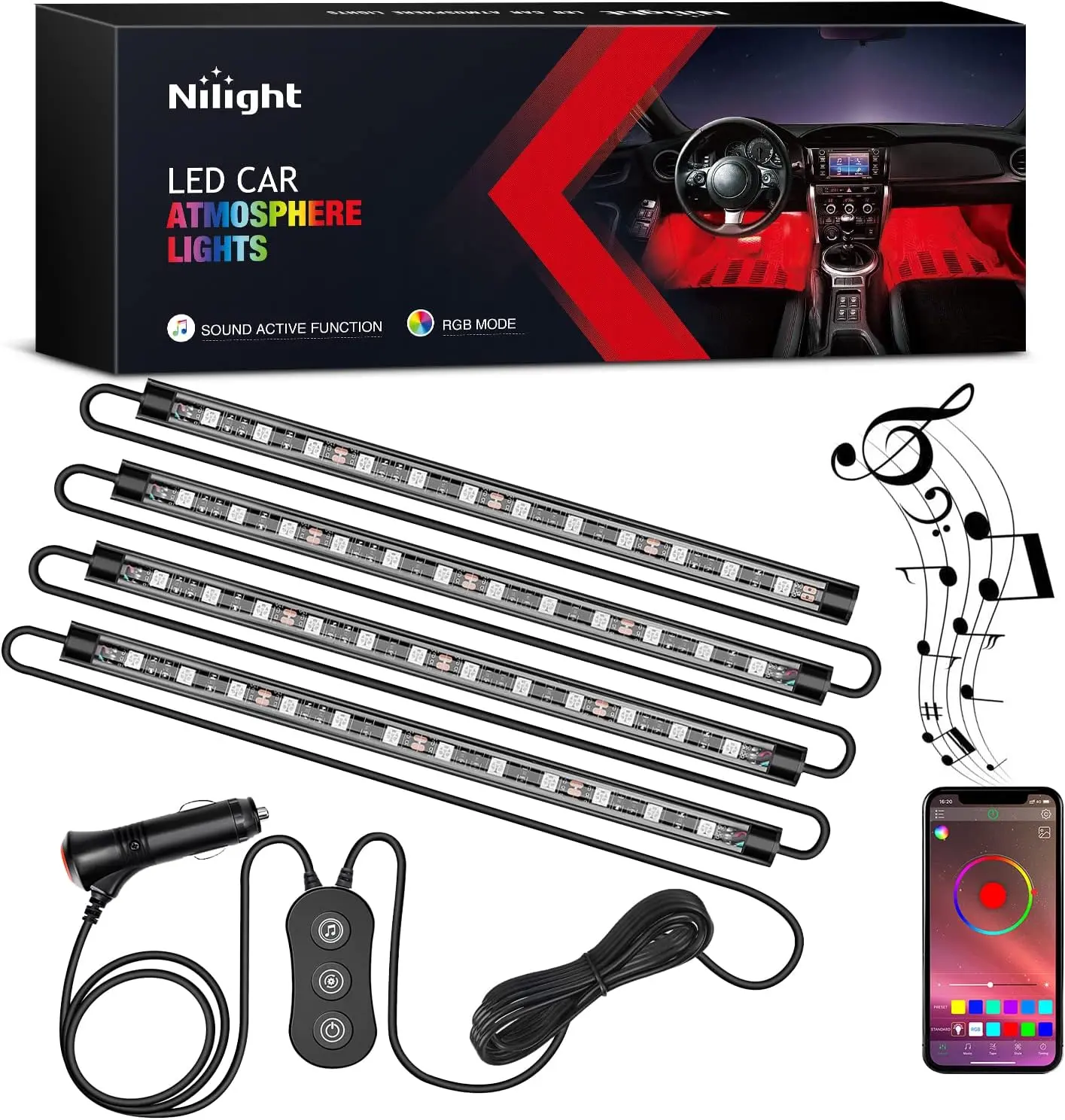 Nilight 12V RGB LED Interior Stripe Lights - 9 Inch, APP Controlled, 16M Colors, Music Sync, Waterproof Under Glow Kit, Driving-Friendly, Tandem Design, Smart Happy Light App Compatible, Includes Cable & Adhesive Tape, Universal for Cars,Trucks, Led Chips
