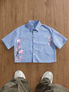 Men's Vintage Classic Blue Gingham Striped Floral Collared Shirt, Lightweight Summer Casual Short Sleeve Button-Up Top, Loose-Fitting Summer Fashion Menswear