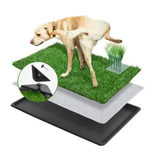 Dog Grass Pad with Tray, Artificial Grass Patch with Plants Pee Post for Dogs Potty, Washable Puppy Pee Pad Dog Turf, Indoor/Outdoor Full Potty System for Dogs to Pee on Balcony Patio