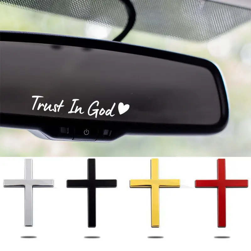 2-in-1 Christian Faith Car Decor Set - Trust in God Vinyl Rearview Mirror Decals, 3D Gold Silver Metallic Cross Emblem, Universal Automotive Exterior Accessories for Cars, SUVs, Trucks, Motorcycles